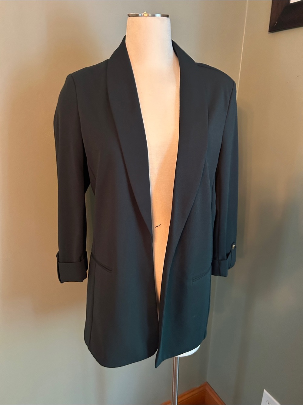 Anne Klein Dark Green Open-Front Blazer with Rolled Cuffs